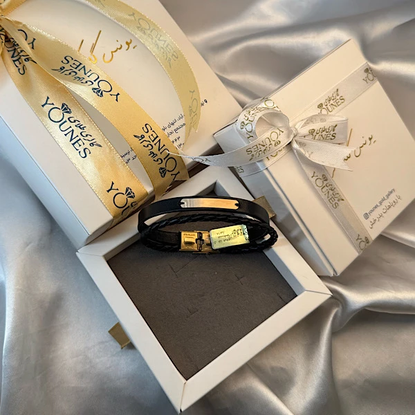 دستبند چرم مردانه طلا گیس بافت مشکی